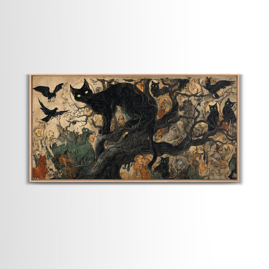 The Black Cat Gathering, Dark Renaissance Art, Wide Panoramic Art, Dark Halloween Decor, Canvas Print, Halloween Wall Art