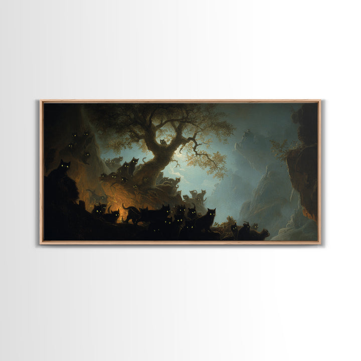 The Black Cat Gathering, Baroque Witchcraft Art, Wide Panoramic Art, Dark Fantasy Wall Art, Framed Canvas Print, Halloween Wall Art