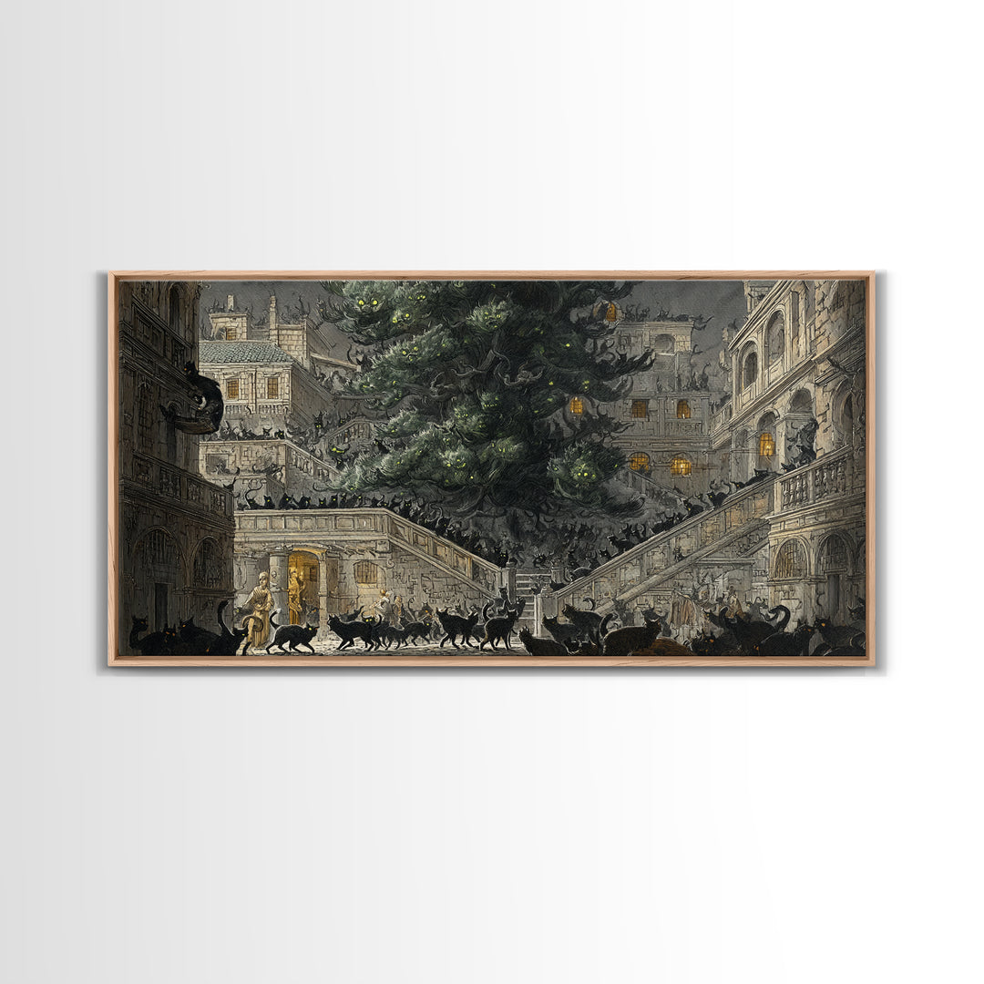 The Black Cat Gathering, Architectural Etching Art, Wide Panoramic Art, Macabre Wall Art, Canvas Print, Halloween Wall Art