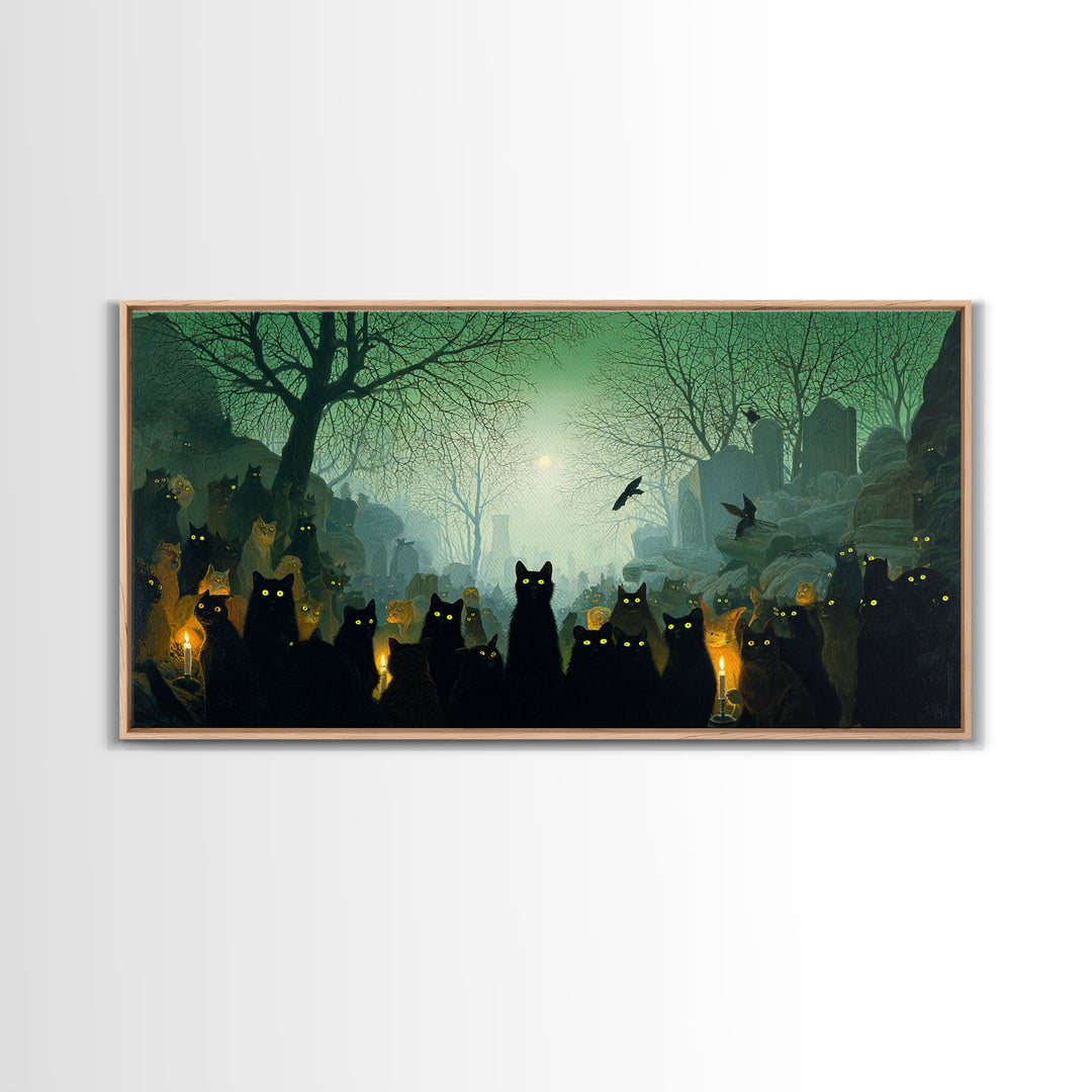 The Black Cat Gathering, Romantic Gothic Landscape, Wide Panoramic Art, Dark Fantasy Wall Art, Canvas Print, Halloween Wall Art