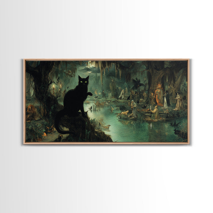 The Black Cat Gathering, Symbolist Gothic Landscape, Wide Panoramic Art, Dark Fantasy Wall Art, Framed Canvas Print, Halloween Wall Art