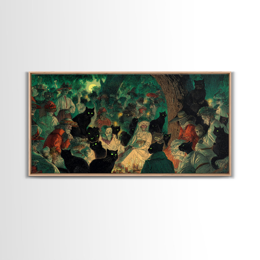 The Black Cat Gathering, Decadent Gothic Art, Wide Panoramic Art, Gothic Horror Wall Art, Canvas Print, Halloween Wall Art