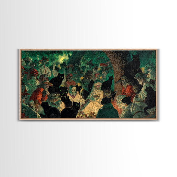 The Black Cat Gathering, Decadent Gothic Art, Wide Panoramic Art, Gothic Horror Wall Art, Canvas Print, Halloween Wall Art