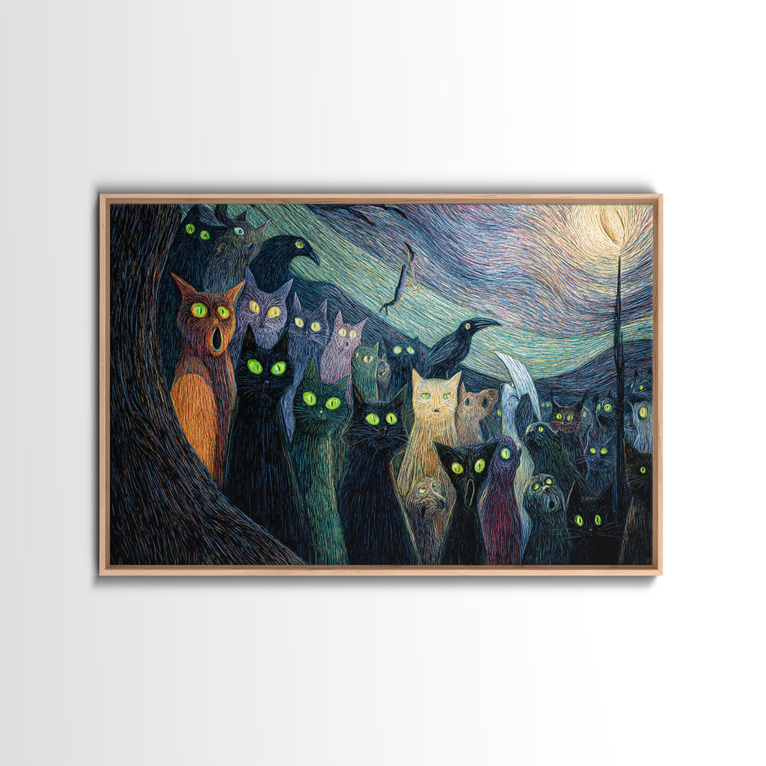 The Black Cat Gathering, Expressionist Gothic Art, Landscape Wall Art, Dark Halloween Decor, Canvas Print, Halloween Wall Art