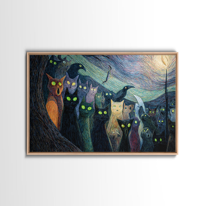 The Black Cat Gathering, Expressionist Gothic Art, Landscape Wall Art, Dark Halloween Decor, Canvas Print, Halloween Wall Art