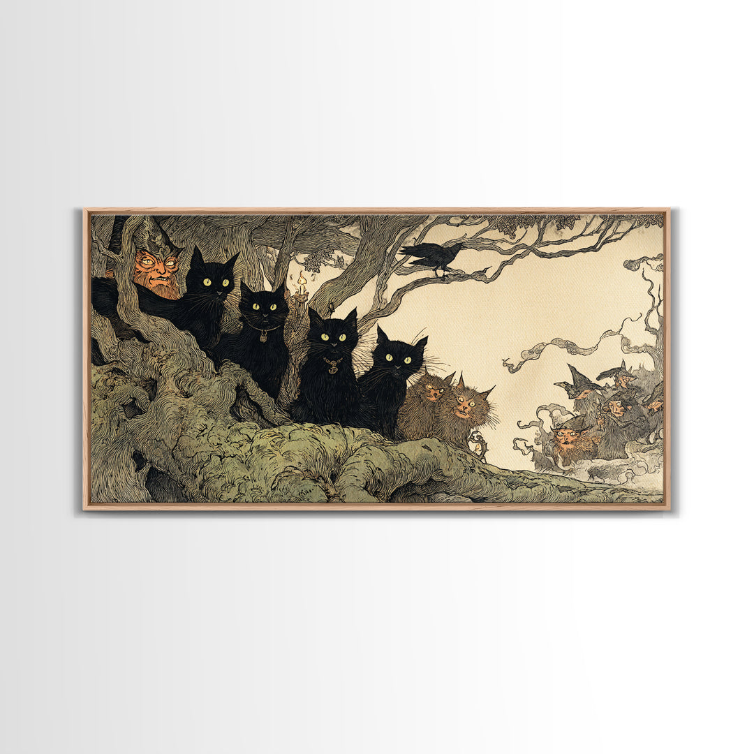 The Black Cat Gathering, Gothic Storybook Art, Wide Panoramic Art, Dark Halloween Decor, Framed Canvas Print, Halloween Wall Art
