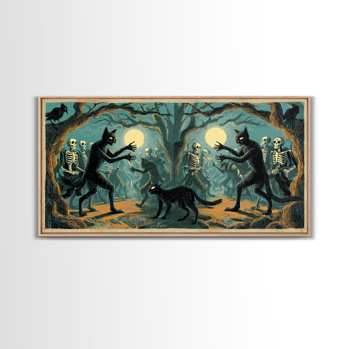 The Black Cat Gathering, Macabre Folk Print Art, Wide Panoramic Art, Macabre Wall Art, Framed Canvas Print, Halloween Wall Art