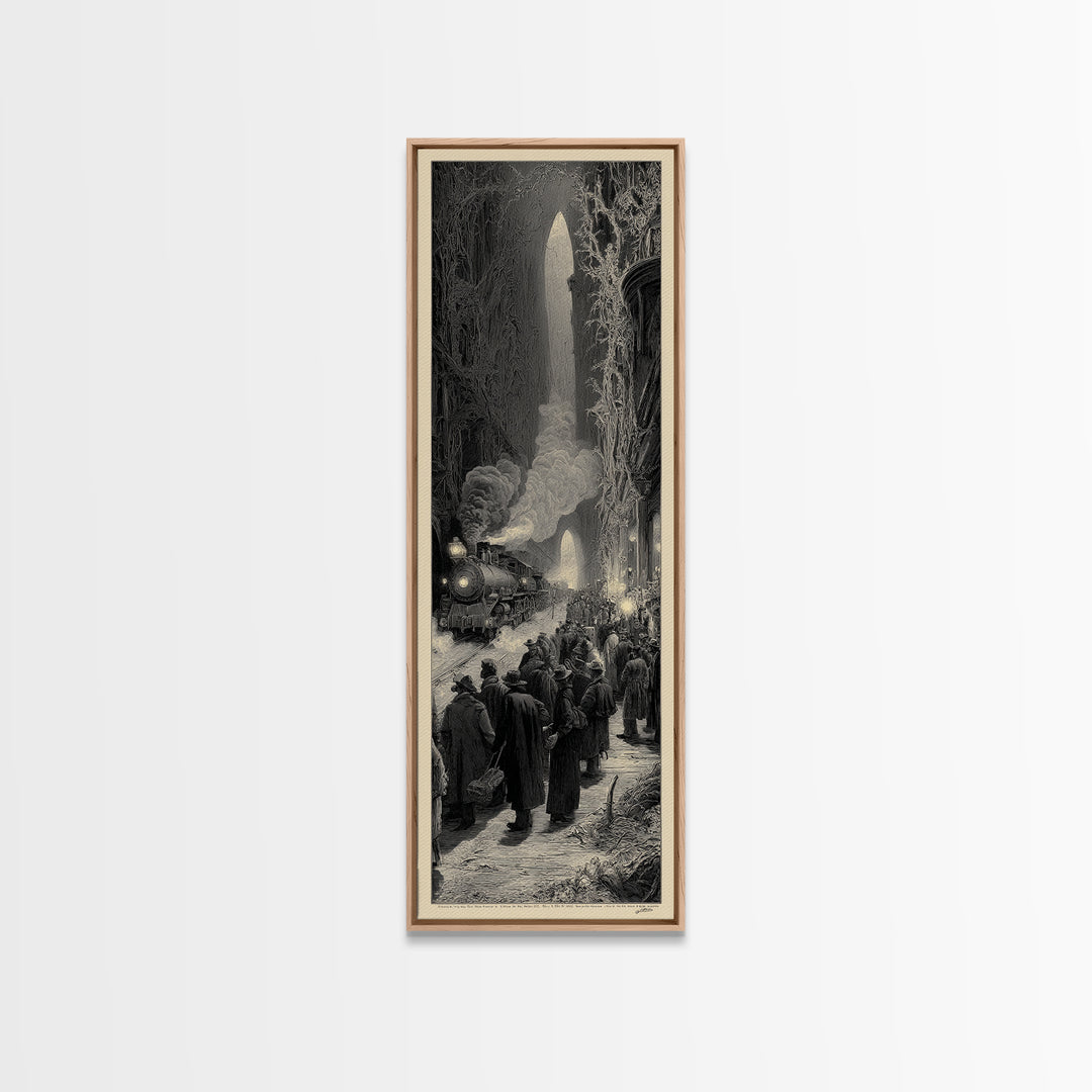 The Ghost Train Arrival, Gothic Engraving Art, Tall Narrow Wall Art, Dark Fantasy Wall Art, Canvas Print, Halloween Wall Art