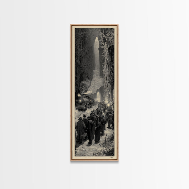 The Ghost Train Arrival, Gothic Engraving Art, Tall Narrow Wall Art, Dark Fantasy Wall Art, Canvas Print, Halloween Wall Art