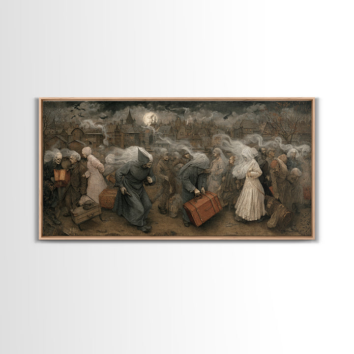 The Ghost Train Arrival, Northern Renaissance Horror, Wide Panoramic Art, Gothic Horror Wall Art, Framed Canvas Print