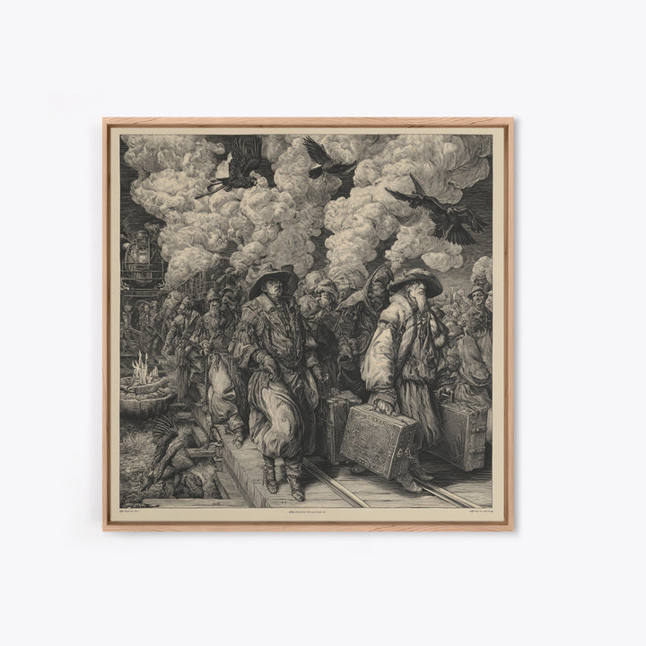 The Ghost Train Arrival, Renaissance Engraving Art, Square Wall Art, Dark Halloween Decor, Framed Canvas Print, Halloween Wall Art