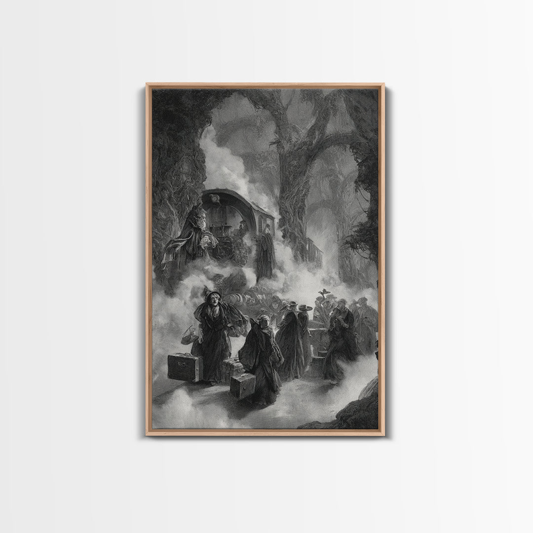 The Ghost Train Arrival, Baroque Witchcraft Art, Vertical Wall Art, Dark Halloween Decor, Canvas Print, Halloween Wall Art