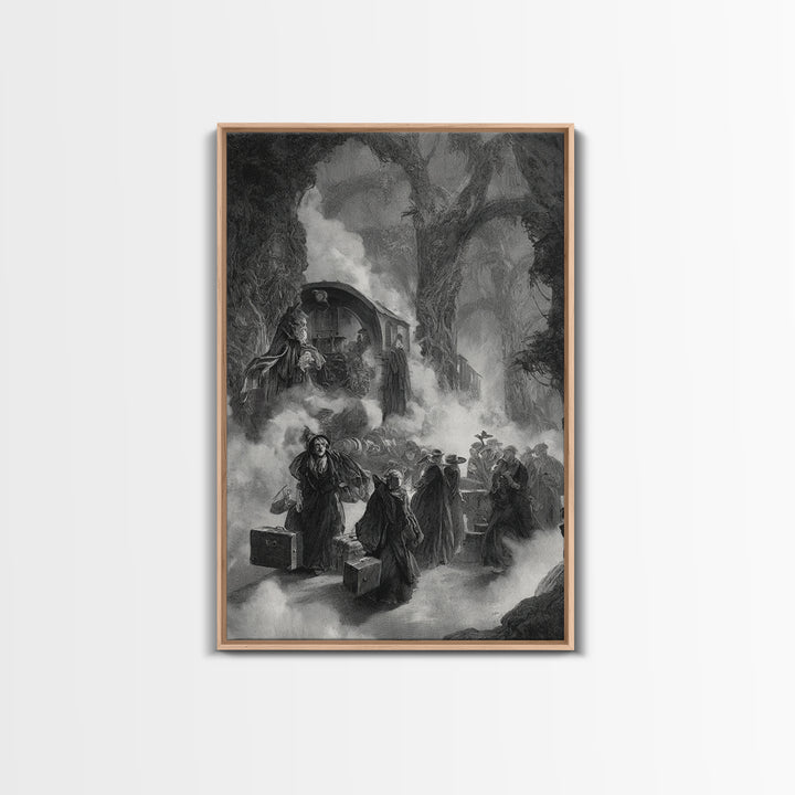 The Ghost Train Arrival, Baroque Witchcraft Art, Vertical Wall Art, Dark Halloween Decor, Canvas Print, Halloween Wall Art