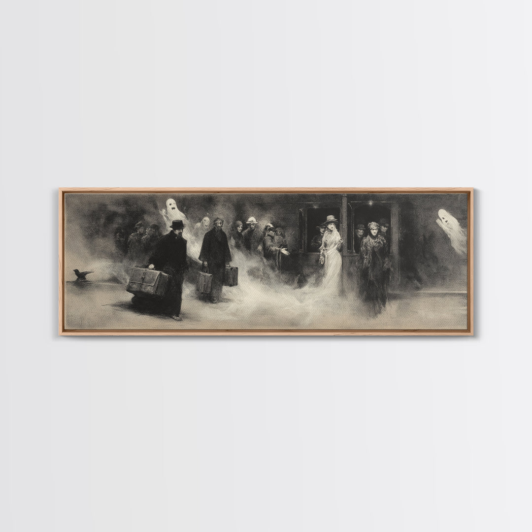 The Ghost Train Arrival, Symbolist Dream Art, Extra Wide Wall Art, Dark Halloween Decor, Canvas Print, Halloween Wall Art