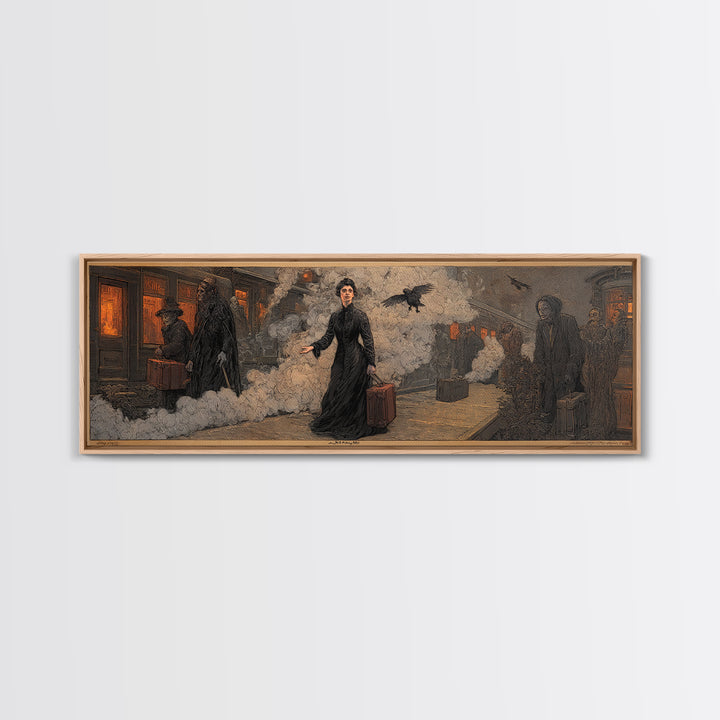 The Ghost Train Arrival, Symbolist Etching Art, Extra Wide Wall Art, Dark Fantasy Wall Art, Framed Canvas Print, Halloween Wall Art