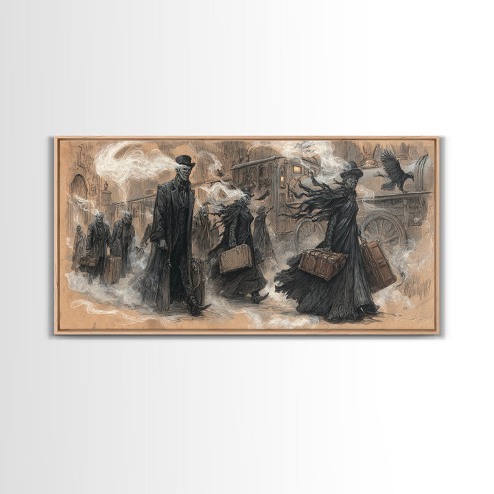The Ghost Train Arrival, Expressionist Nightmare Art, Wide Panoramic Art, Macabre Wall Art, Canvas Print, Halloween Wall Art
