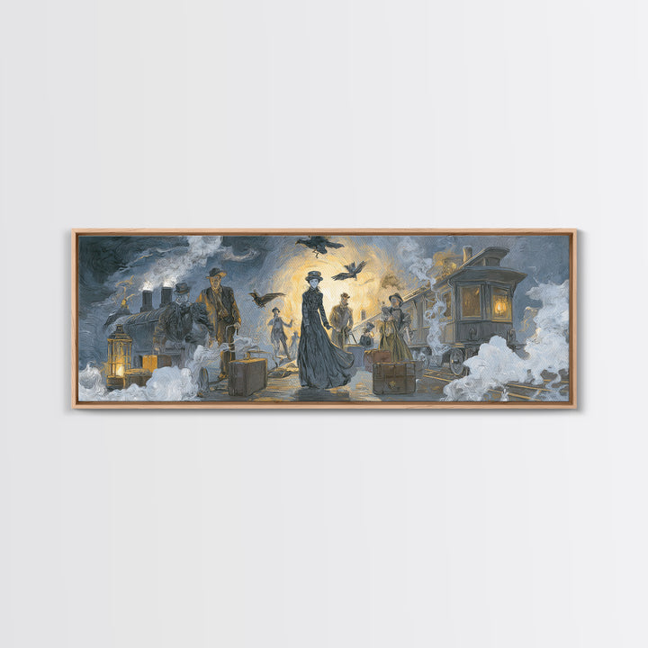 The Ghost Train Arrival, Expressionist Gothic Art, Extra Wide Wall Art, Dark Halloween Decor, Canvas Print, Halloween Wall Art