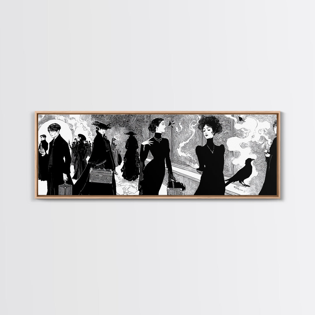 The Ghost Train Arrival, Decadent Line Art, Extra Wide Wall Art, Gothic Horror Wall Art, Canvas Print, Halloween Wall Art