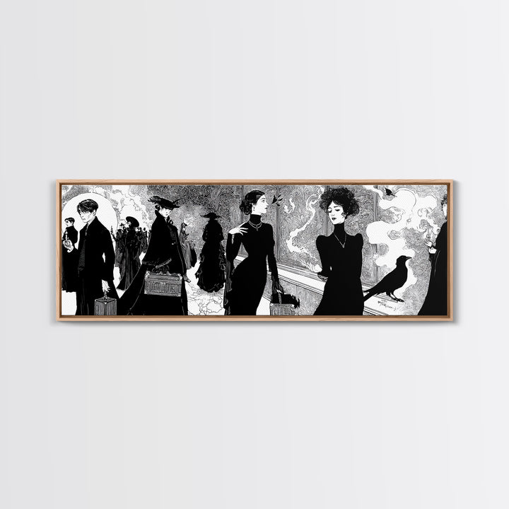 The Ghost Train Arrival, Decadent Line Art, Extra Wide Wall Art, Gothic Horror Wall Art, Canvas Print, Halloween Wall Art