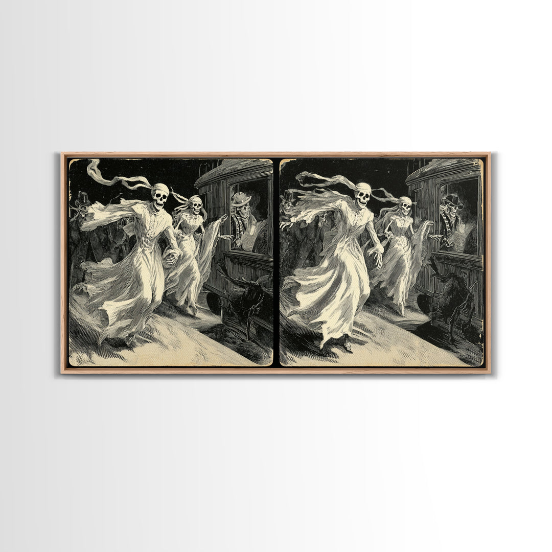 The Ghost Train Arrival, Macabre Folk Print Art, Wide Panoramic Art, Dark Fantasy Wall Art, Framed Canvas Print