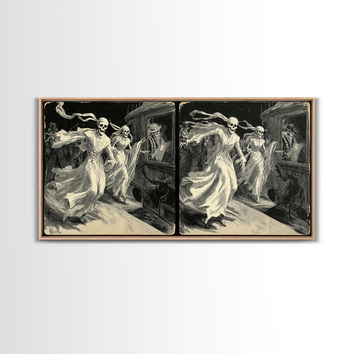 The Ghost Train Arrival, Macabre Folk Print Art, Wide Panoramic Art, Dark Fantasy Wall Art, Framed Canvas Print