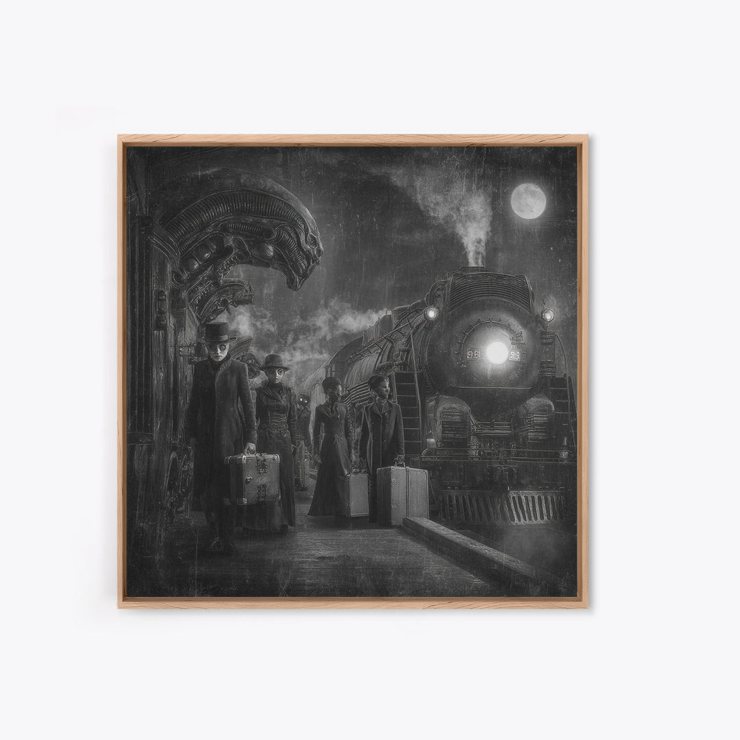 The Ghost Train Arrival, Biomechanical Horror Art, Square Wall Art, Dark Fantasy Wall Art, Framed Canvas Print, Halloween Wall Art