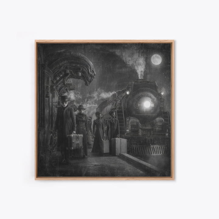 The Ghost Train Arrival, Biomechanical Horror Art, Square Wall Art, Dark Fantasy Wall Art, Framed Canvas Print, Halloween Wall Art