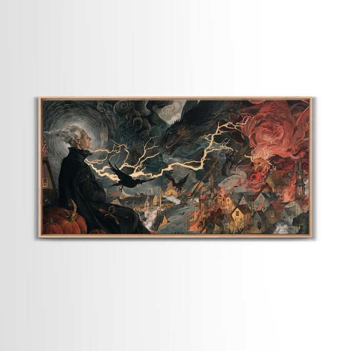 The Halloween Storm, Dark Renaissance Art, Wide Panoramic Art, Dark Fantasy Wall Art, Framed Canvas Print, Halloween Wall Art