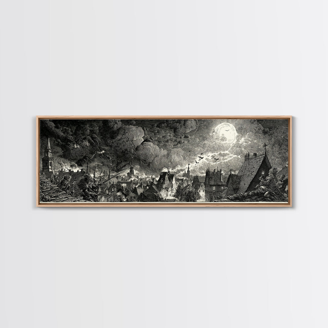 The Halloween Storm, Renaissance Engraving Art, Extra Wide Wall Art, Dark Fantasy Wall Art, Canvas Print, Halloween Wall Art