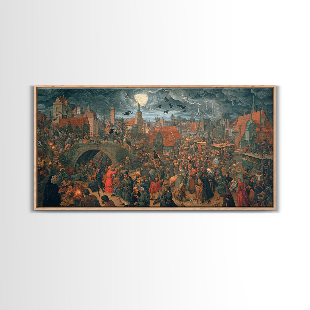 The Halloween Storm, Danse Macabre Art, Wide Panoramic Art, Macabre Wall Art, Framed Canvas Print, Halloween Wall Art
