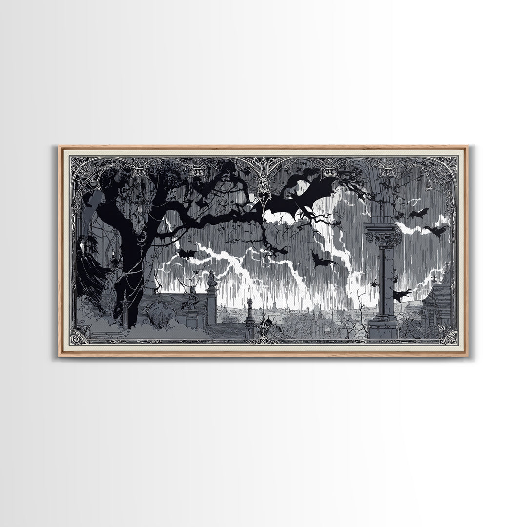 The Halloween Storm, Decadent Line Art, Wide Panoramic Art, Gothic Horror Wall Art, Framed Canvas Print, Halloween Wall Art