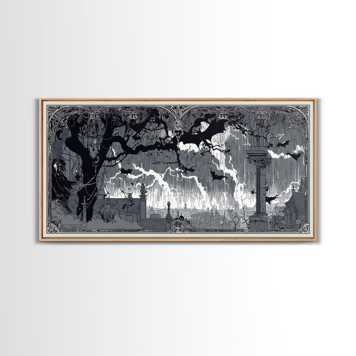 The Halloween Storm, Decadent Line Art, Wide Panoramic Art, Gothic Horror Wall Art, Framed Canvas Print, Halloween Wall Art