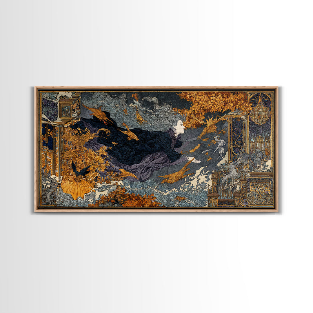 The Halloween Storm, Stained Glass Gothic Art, Wide Panoramic Art, Dark Fantasy Wall Art, Canvas Print, Halloween Wall Art