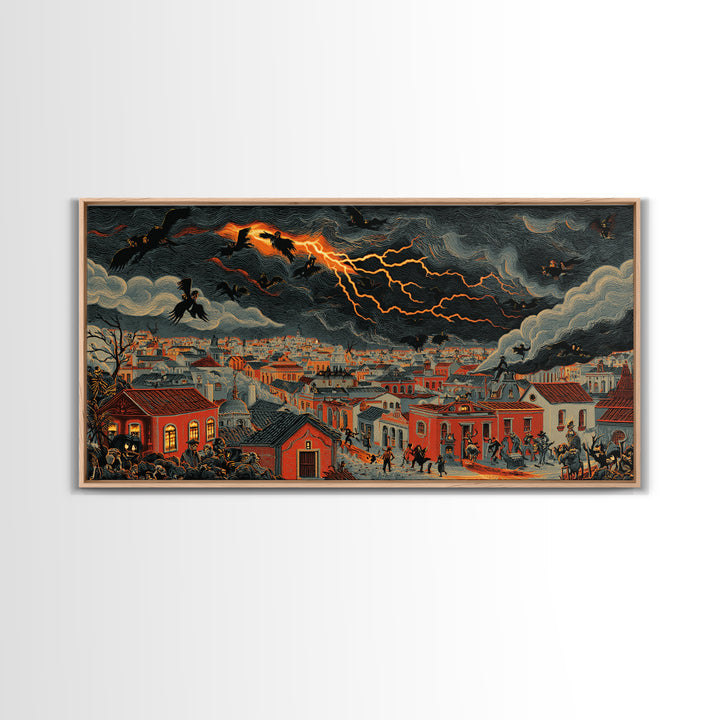 The Halloween Storm, Macabre Folk Print Art, Wide Panoramic Art, Dark Fantasy Wall Art, Framed Canvas Print, Halloween Wall Art