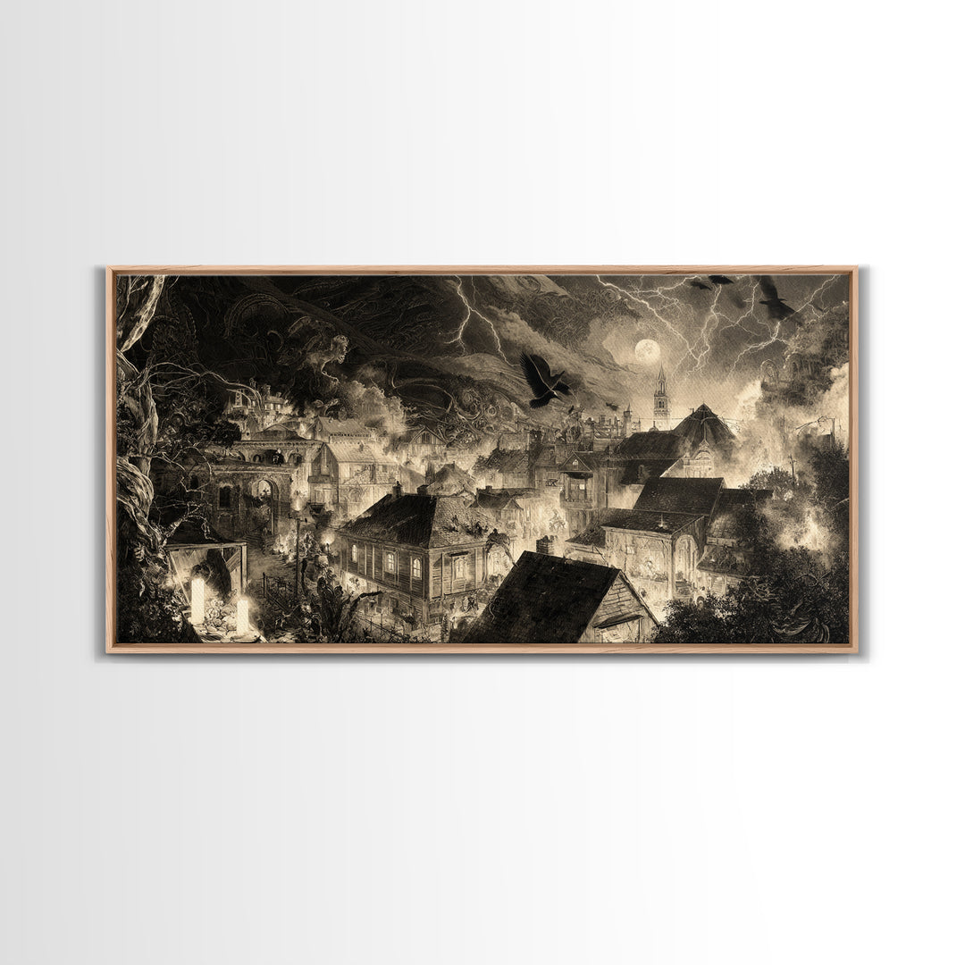 The Halloween Storm, Biomechanical Horror Art, Wide Panoramic Art, Dark Halloween Decor, Canvas Print, Halloween Wall Art