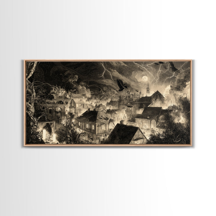 The Halloween Storm, Biomechanical Horror Art, Wide Panoramic Art, Dark Halloween Decor, Canvas Print, Halloween Wall Art
