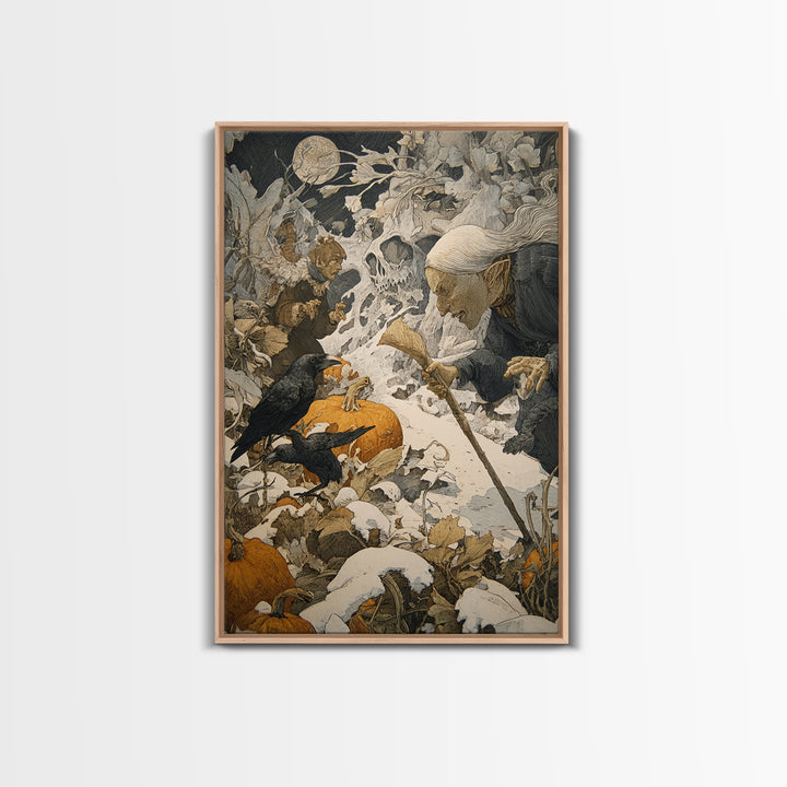 The First Frost Awakening, Symbolist Etching Art, Vertical Wall Art, Dark Fantasy Wall Art, Framed Canvas Print, Halloween Wall Art