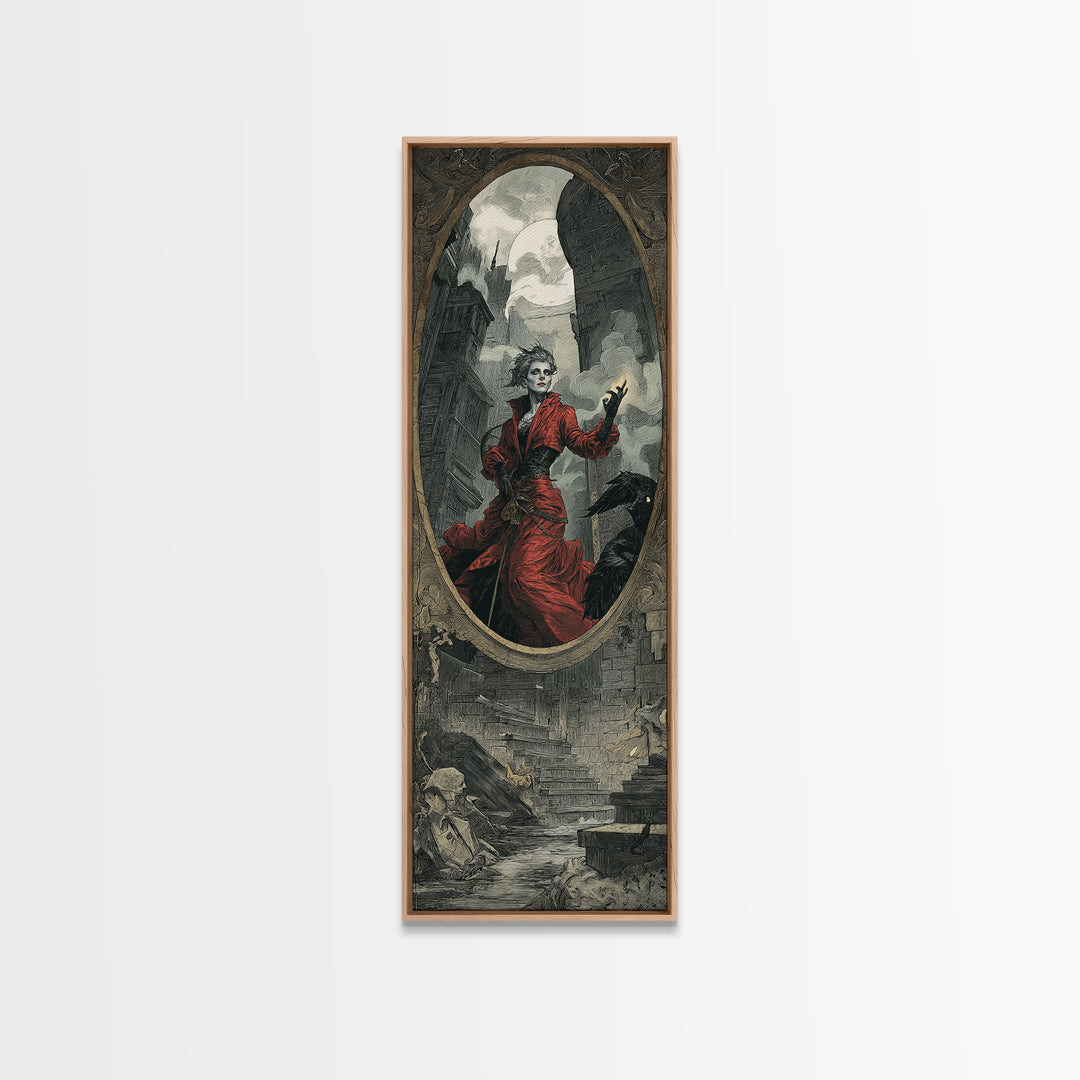 The Cursed Mirror, Architectural Etching Art, Tall Narrow Wall Art, Dark Fantasy Wall Art, Canvas Print, Halloween Wall Art