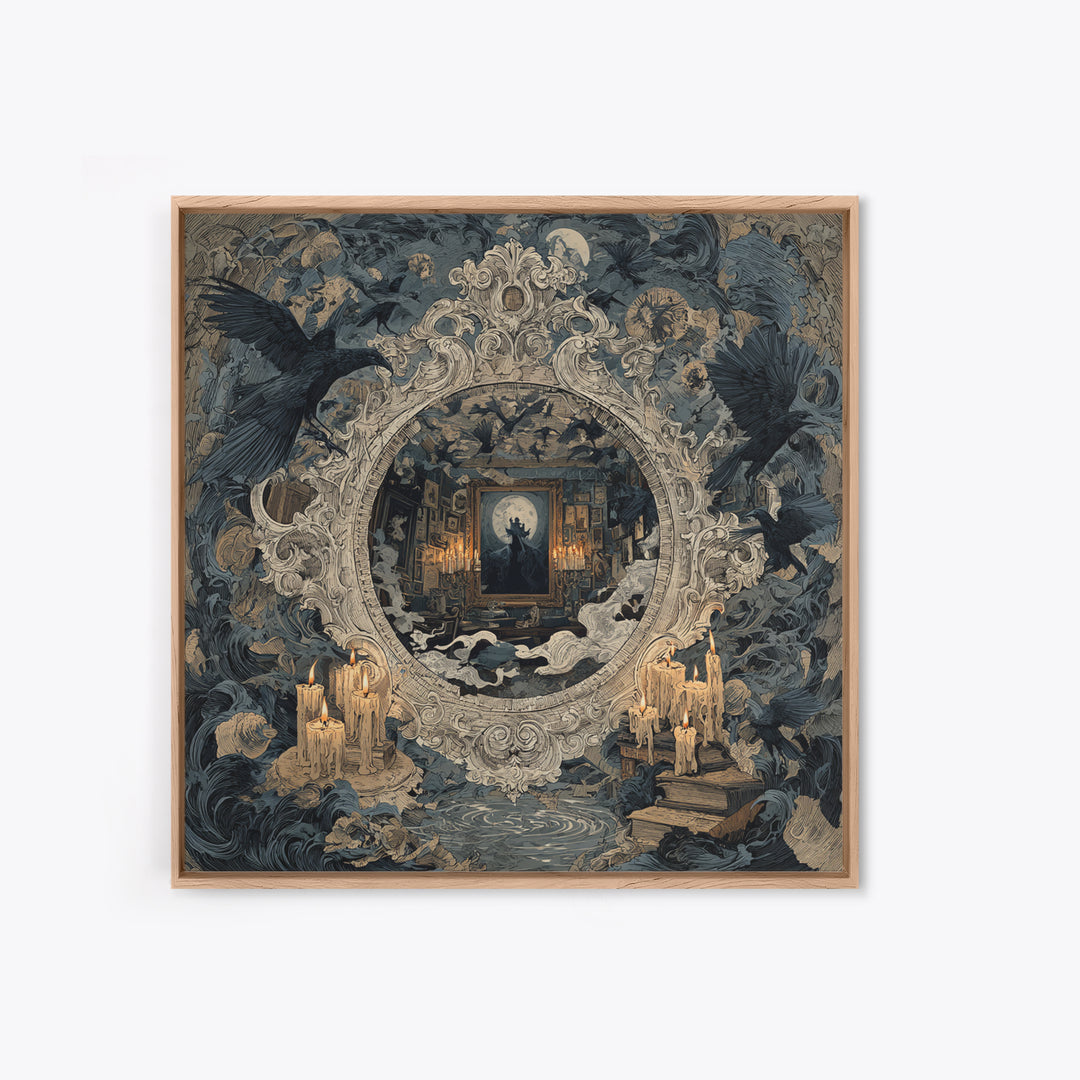 The Cursed Mirror, Symbolist Etching Art, Square Wall Art, Dark Fantasy Wall Art, Framed Canvas Print, Halloween Wall Art