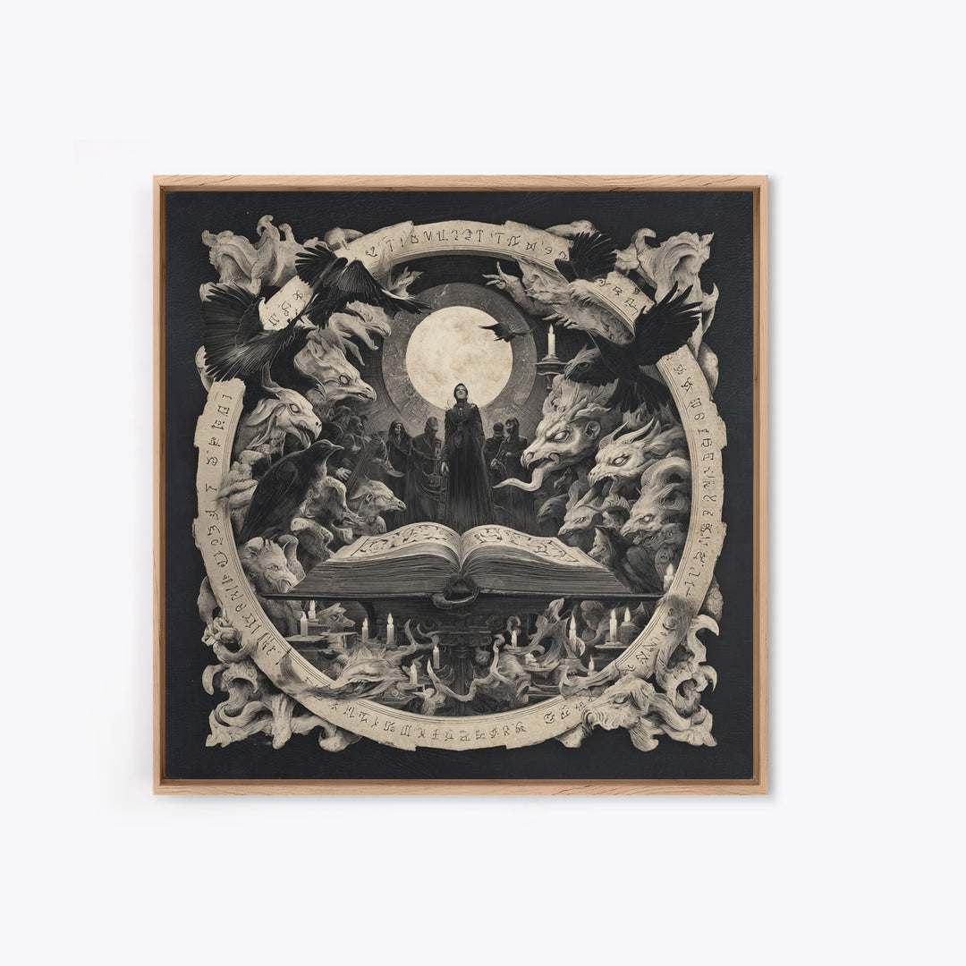 The Living Spellbook, Dark Symbolist Art, Square Wall Art, Dark Halloween Decor, Framed Canvas Print, Halloween Wall Art
