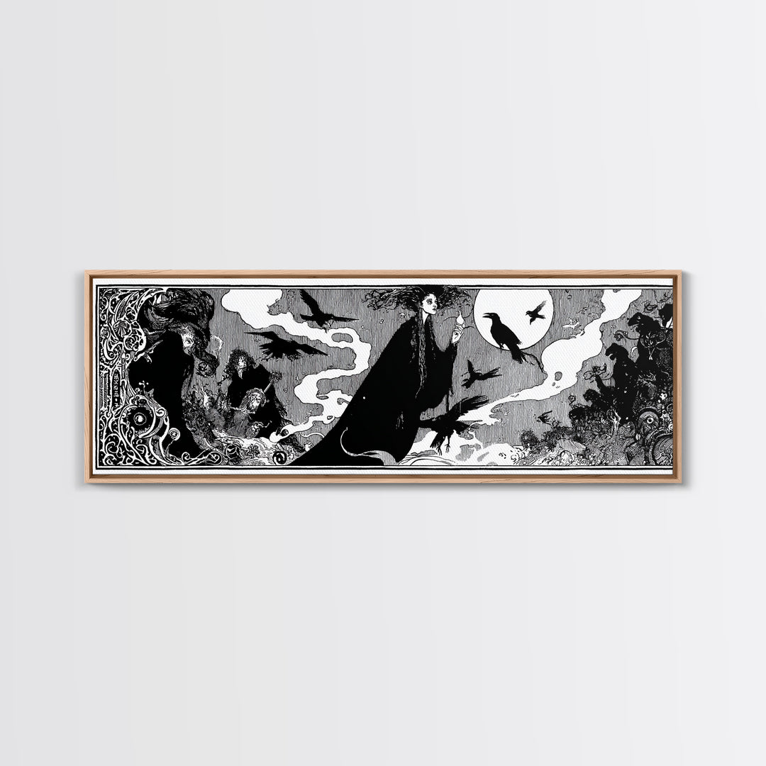 The Living Spellbook, Decadent Line Art, Extra Wide Wall Art, Dark Fantasy Wall Art, Canvas Print, Halloween Wall Art