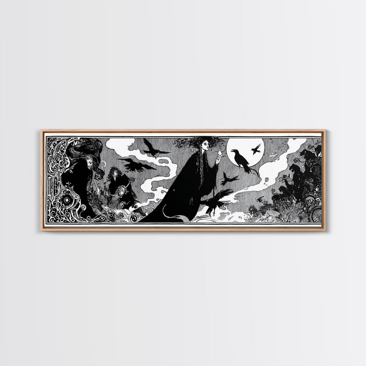 The Living Spellbook, Decadent Line Art, Extra Wide Wall Art, Dark Fantasy Wall Art, Canvas Print, Halloween Wall Art