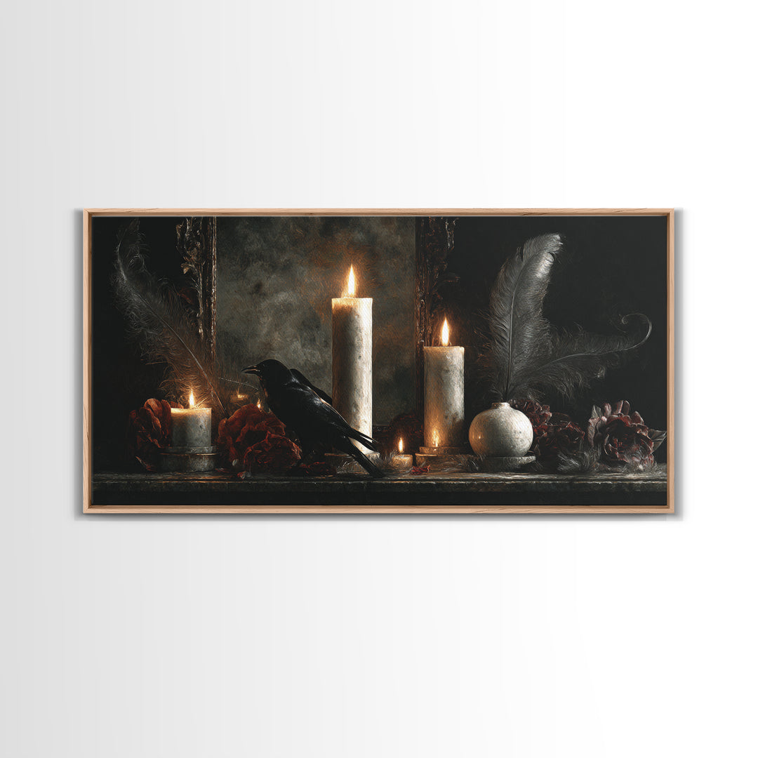 Candle Flame Reflecting Framed Canvas Print, Dark Art, Statement Artwork, Living Room Decor, Fine Art, Nocturne, Wall Decor, DAR-2x1-20