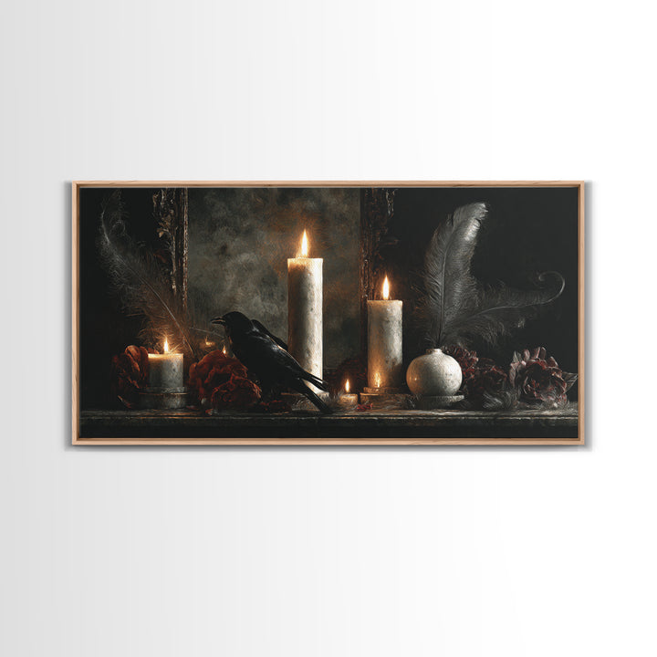 Candle Flame Reflecting Framed Canvas Print, Dark Art, Statement Artwork, Living Room Decor, Fine Art, Nocturne, Wall Decor, DAR-2x1-20