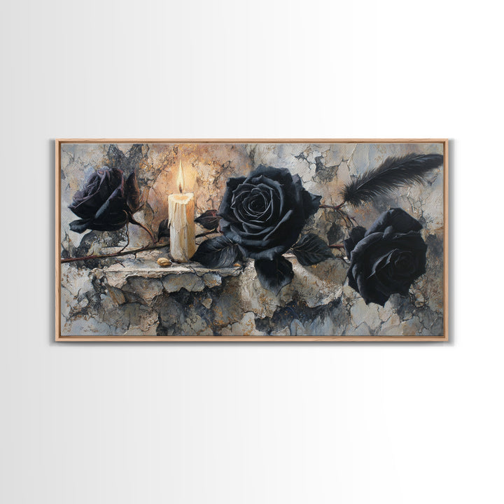 Black Roses Blooming from Cracked Stone Canvas Print, Dark Art, Textured Painting, Living Room Decor, Fine Art, Nocturne, DAR-2x1-22