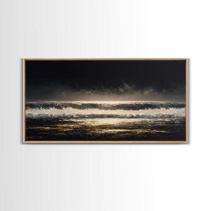 Stormy Sea under a Nearly Black Sky Framed Canvas Print, Dark Art, Digital Art, Living Room Decor, Fine Art, Nocturne, DAR-2x1-25