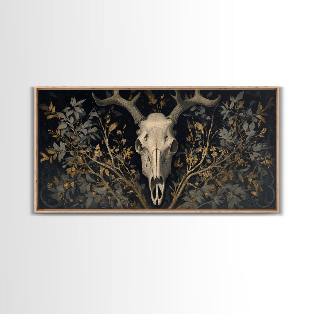 Shadowy Deer Skull Canvas Print, Dark Art, Oil Painting, Living Room Decor, Nocturne, Gothic Wall Decor, Man Cave Decor, DAR-2x1-31