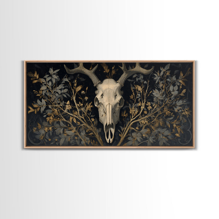 Shadowy Deer Skull Canvas Print, Dark Art, Oil Painting, Living Room Decor, Nocturne, Gothic Wall Decor, Man Cave Decor, DAR-2x1-31