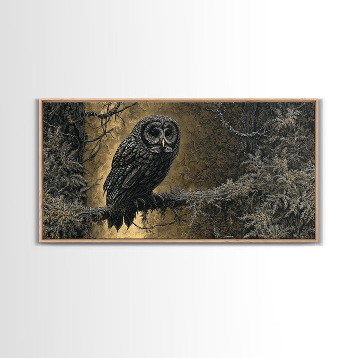Owl in a Midnight Pine Forest Framed Canvas Print, Dark Art, Room Decor, Living Room Decor, Fine Art, Nocturne, Digital Art, DAR-2x1-42