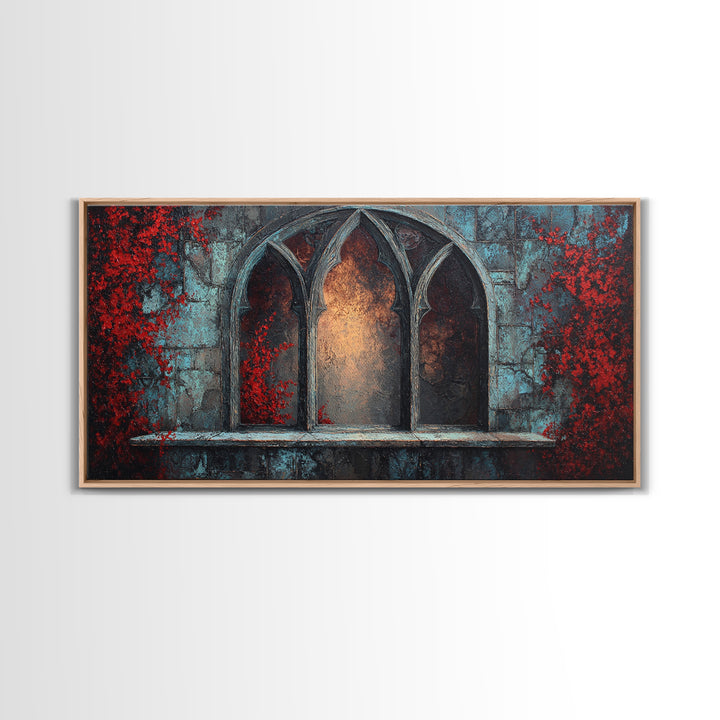 Gothic Cathedral Window Framed Canvas Print, Dark Art, Art Print, Living Room Decor, Oil Painting, Nocturne, Halloween Art, DAR-2x1-60